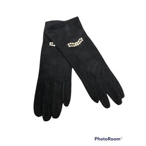 NOS The Bay Vtg Suede LEATHER Driving Gloves Black w Rhinestones DEADSTOCK Sz 7